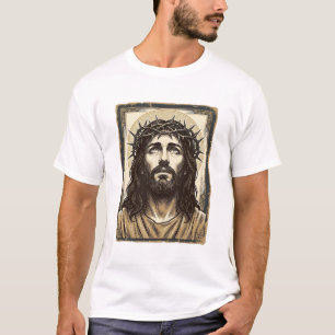 Camiseta Retrato Religioso Vintage Coroa de Espinhos
