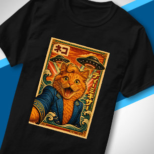 Camiseta Retrato Retro de Gato Japonês Divertido e Fofo de 