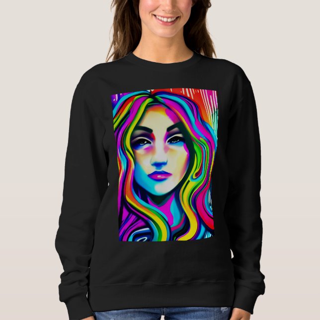 Camiseta Retrato Retro de uma Mulher com Cabelo Arco-íris (Frente)