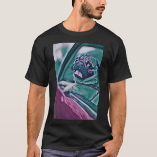 Camiseta Retrato Retro Neon Roxo do Cão Dirigindo Pug Cacho