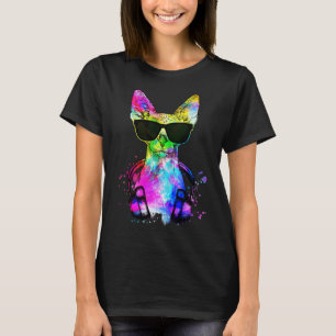 Camiseta Retrato Retro Pop de Gato Sphynx com Fones de Ouvi