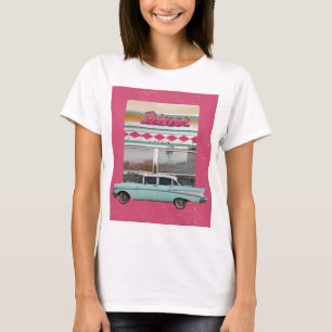 Camiseta Retro 1950 Diner Wall Art   Sinal de Neon Rosa & T