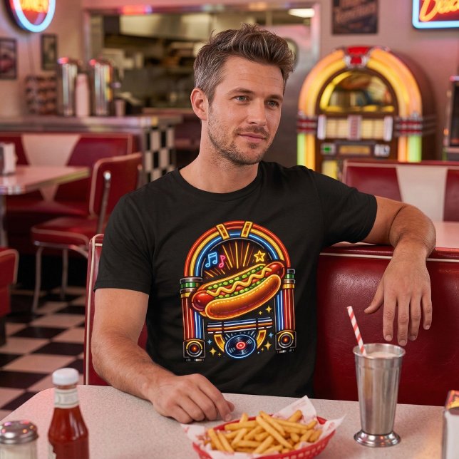 Camiseta Retro 1950s Diner - Neon Jukebox Hot Dog (Criador carregado)