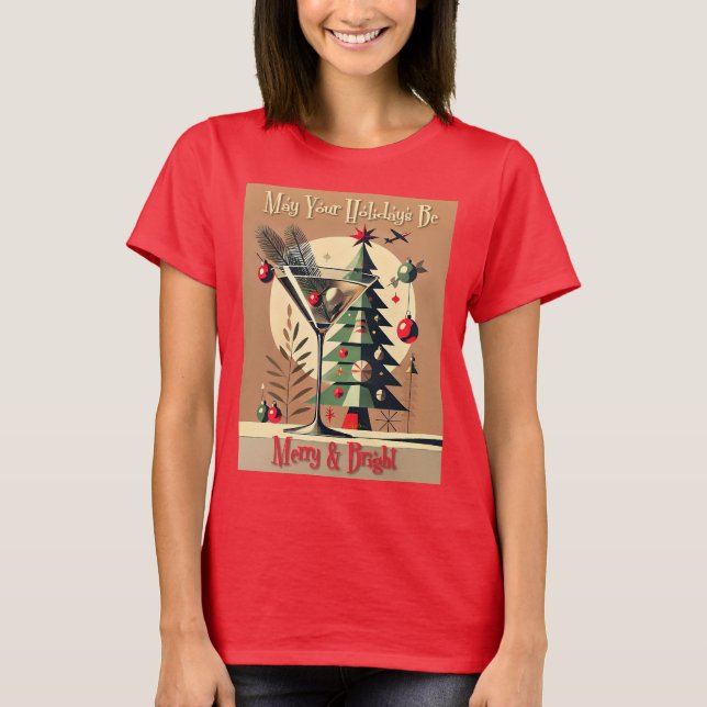 Camiseta Retro 50s Jet Set Coquetel de Natal da Árvore (Frente)