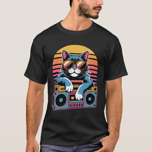 Camiseta Retro 80s Cat com óculos de sol - Gatinho de onda  (Frente)