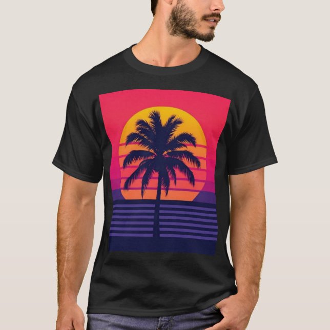 Camiseta Retro 80s Sunset Palm Tree Synthwave Art (Frente)
