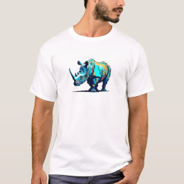 Camiseta Retro 8-Bit Pixel Art Rhinoceros Cyan Orange Gamer