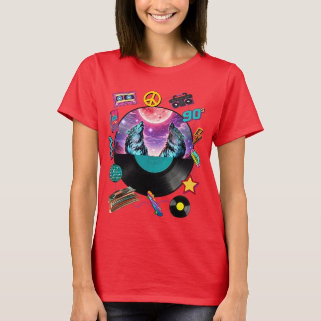 Camiseta Retro 90s Midnight Wolf & Boombox Circular Collage (Frente)