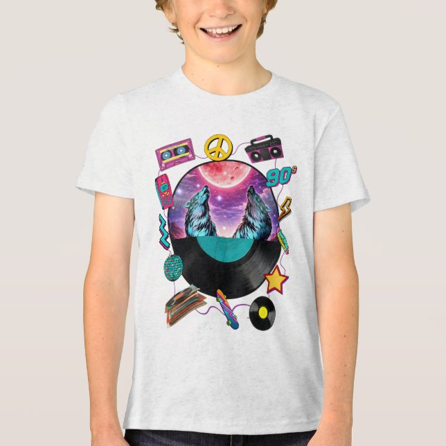 Camiseta Retro 90s Midnight Wolf & Boombox Circular Collage (Frente)