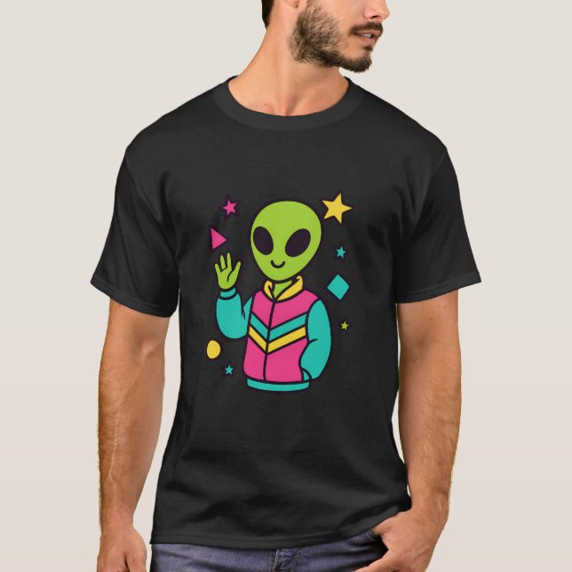 Camiseta Retro Alien in Neon Jacket | 80s Sci-Fi Vector Art (Frente)