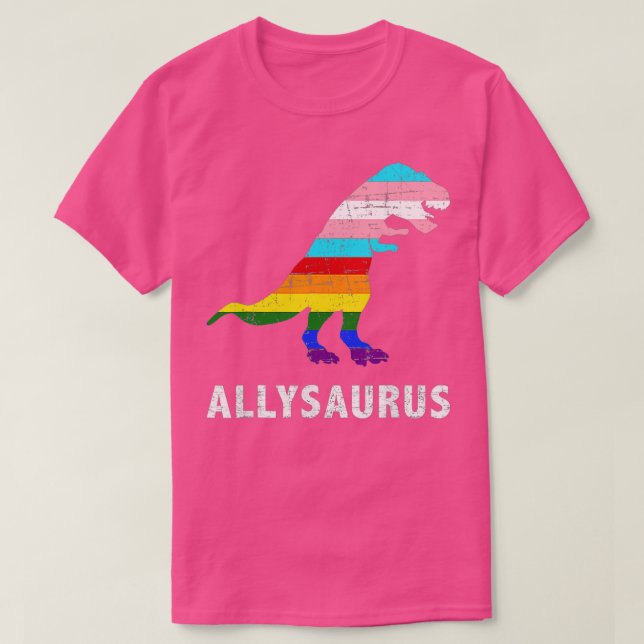 Camiseta Retro Allysaurus Dinossaur Arco-Íris LGBT Trans Ga (Frente do Design)