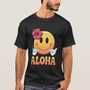Camiseta Retro Aloha Rosto Feliz Sinal Shaka Hibisco Havaia
