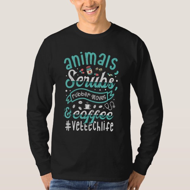 Camiseta Retro Animals Scrubs Rubber Gloves And Coffee Vet  (Frente)