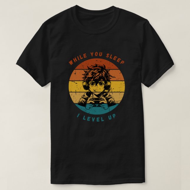 Camiseta Retro Anime Gamer "I Level Up" Tee (Frente do Design)