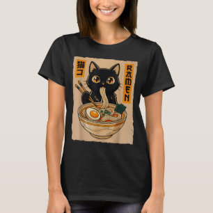 Camiseta Retro Anime Kawaii Gato Preto Comendo Macarrão Ram