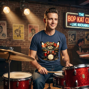 Camiseta Retro anos 50 - Kit de bateria Rock n Roll do Beat