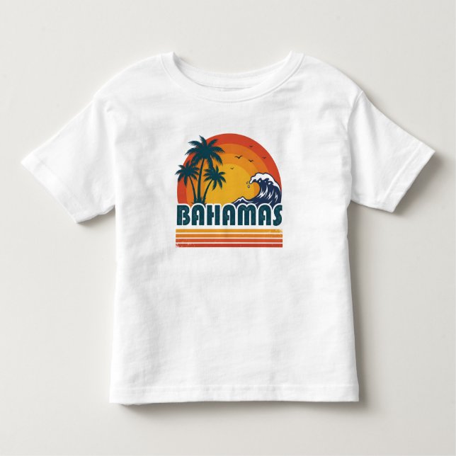 Camiseta Retro Bahamas Beach Summer Sunset 70s Palm Tree (Frente)