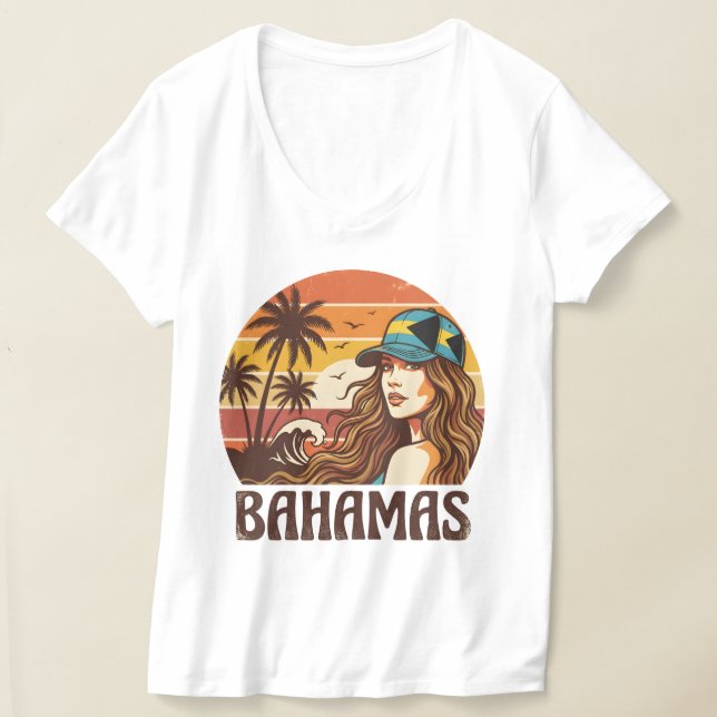 Camiseta Retro Bahamas Beach Women Summer Vacation Sunset  (Postura )