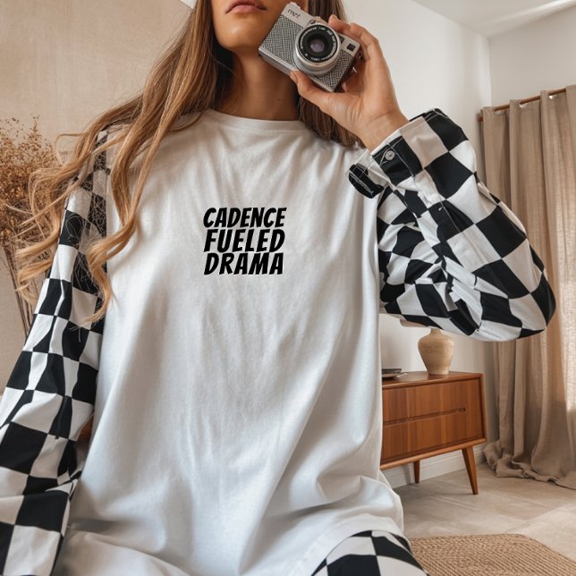 Camiseta Retro bike Girl Irony black ( It sports an adorable vintage bike design and the playful saying "Cadence Fueled Drama." )