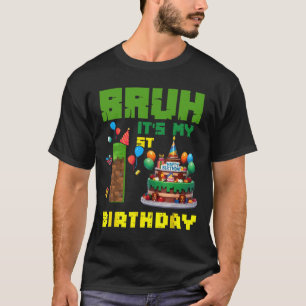 Camiseta Retro Bruh É Meu 1º Aniversário Bolo Pixel Gamer 1
