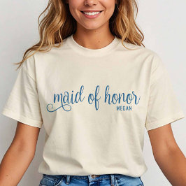 Camiseta Retro Calligraphy Blue Script Maid of Honor
