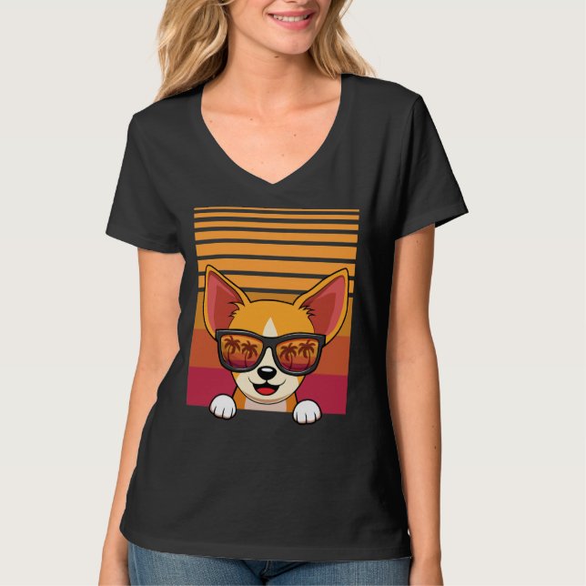 Camiseta Retro Chihuahua Dog Sunglass Beach (Frente)