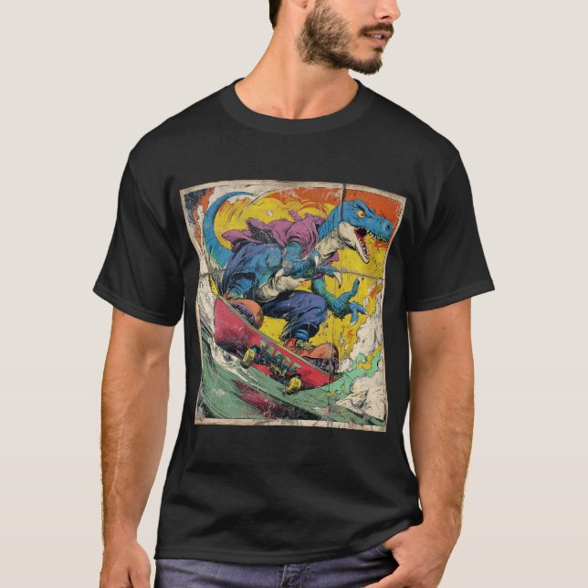 Camiseta Retro Comic T-Rex Skateboarding (Frente)