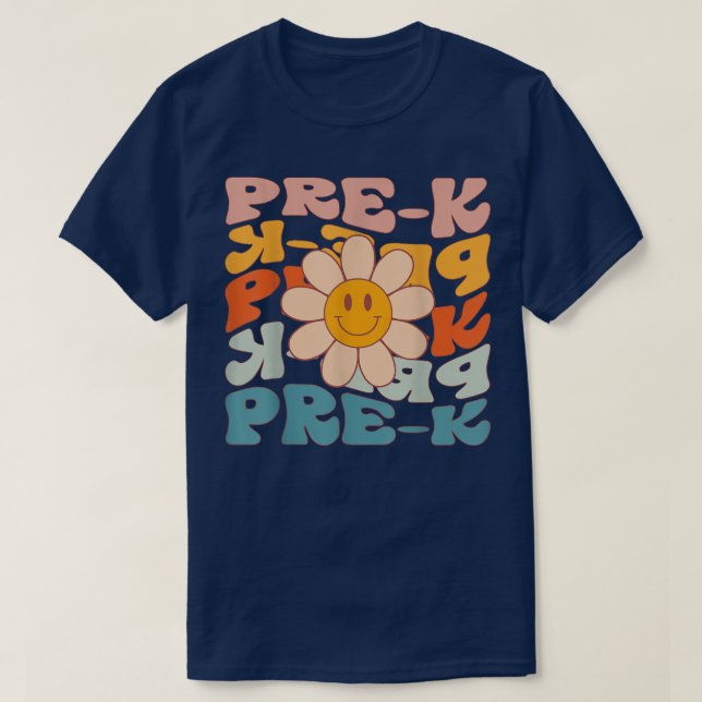 Camiseta Retro Daisy Groovy Colorful PreK Teacher Student F (Frente do Design)