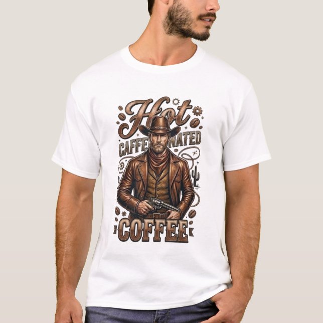Camiseta Retro de Cowboy com Café Catinado Quente (Frente)