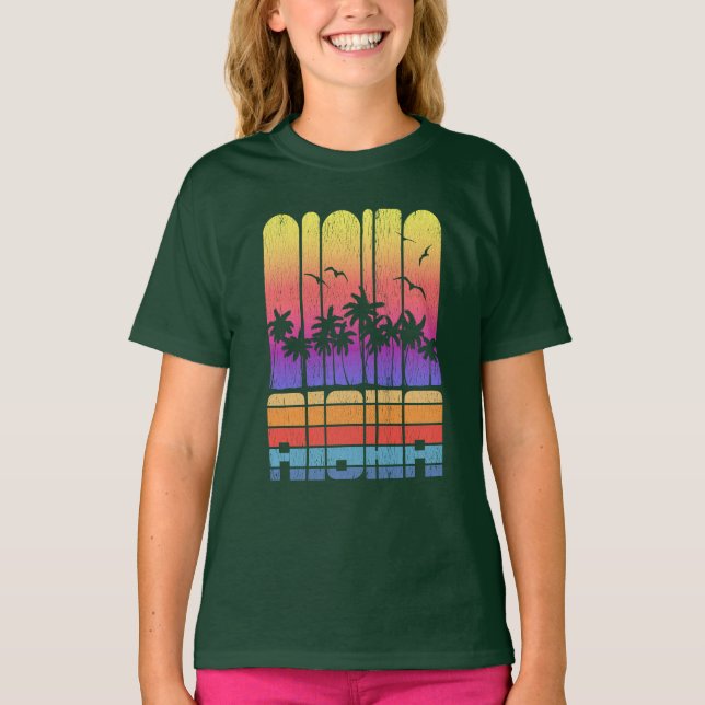Camiseta Retro de Férias Tropicais da Aloha Palm Beach (Frente)