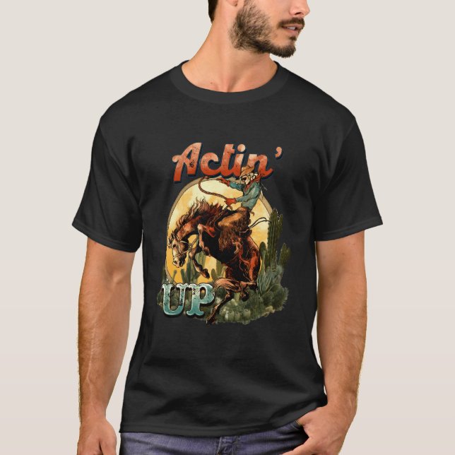 Camiseta Retro Desert Cowboy Bucking Horse Atuando em Weste (Frente)