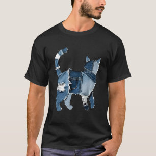Camiseta Retro Diversão Remendo de Denim Animal Gato Impres