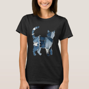 Camiseta Retro Diversão Remendo de Denim Animal Gato Impres
