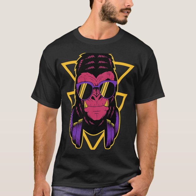 Camiseta Retro DJ Gorilla com Fones de ouvido Macaco Silver (Frente)