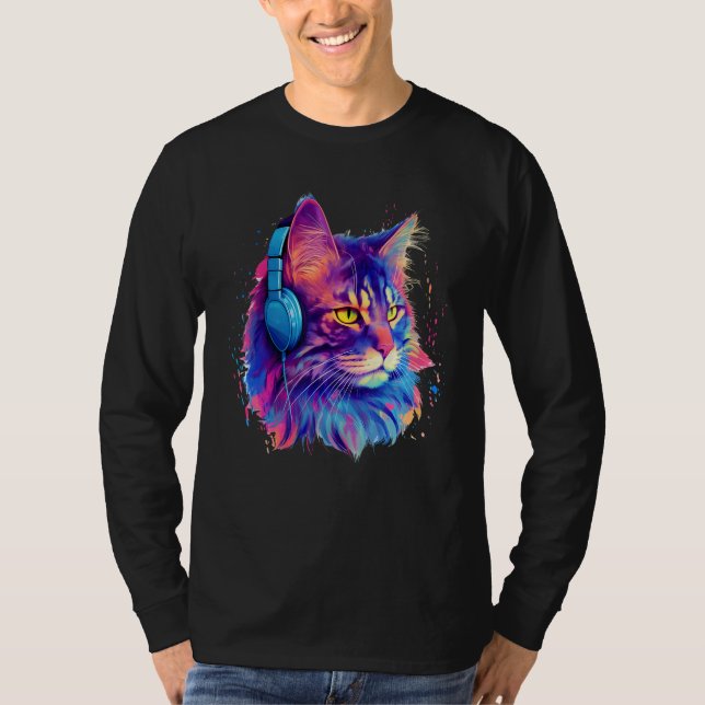 Camiseta Retro DJ Maine Coon Male Cat Face Headphones Music (Frente)