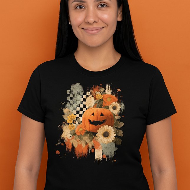 Camiseta Retro do Conselho Checado de Abóbora no Halloween (Criador carregado)