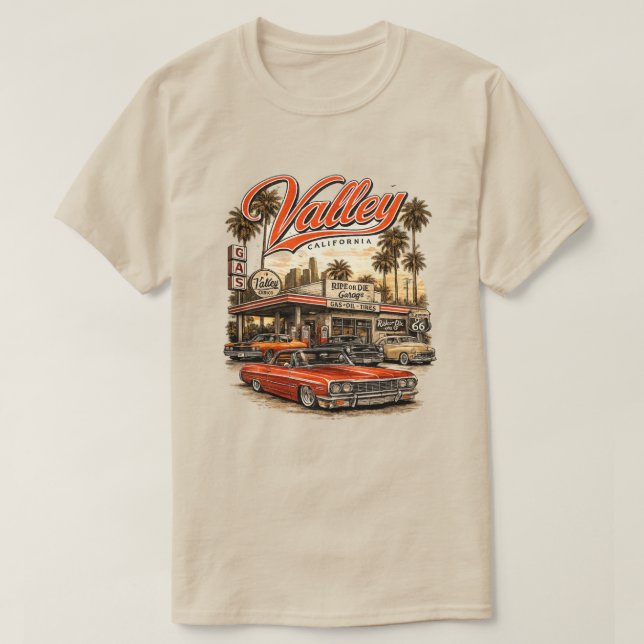 Camiseta Retro do Vale da Califórnia | Posto de Ga (Frente do Design)