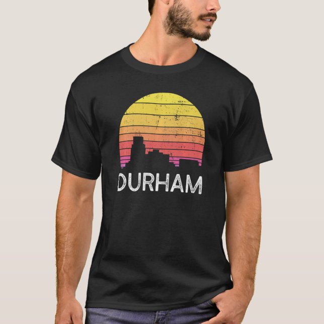 Camiseta Retro Durham Skyline Vintage Edifícios Urbanos (Frente)