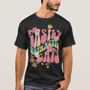 Camiseta Retro Facilmente Distraído Por Gatos Florais Cat M