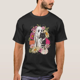Camiseta Retro Fantasma Gato Preto Floral Boho Cottagecore 