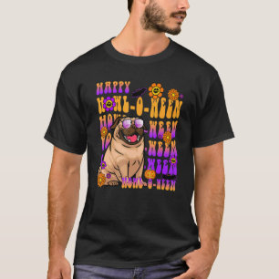 Camiseta Retro Feliz Uivar o ween Pug Cão Flor Groovy