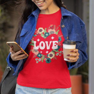 Camiseta Retro Floral Heart Love Red Dia de os namorados