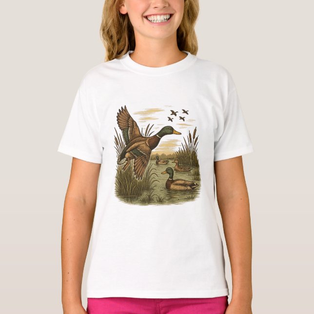 Camiseta Retro-Flying-Mallard-Duck-Hunting,  (Frente)
