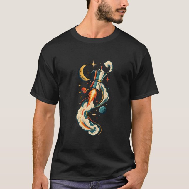 Camiseta Retro Foguete Moka Pot Cósmico (Frente)