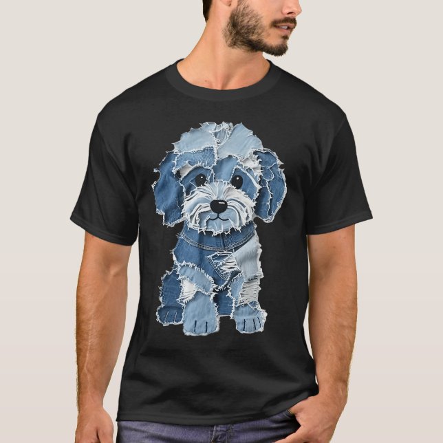 Camiseta Retro Funny Denim Patch Animal Dog Print  (Frente)