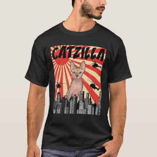 Camiseta Retrô Funny Japonês Catzilla Sphynx Cat T Shirt