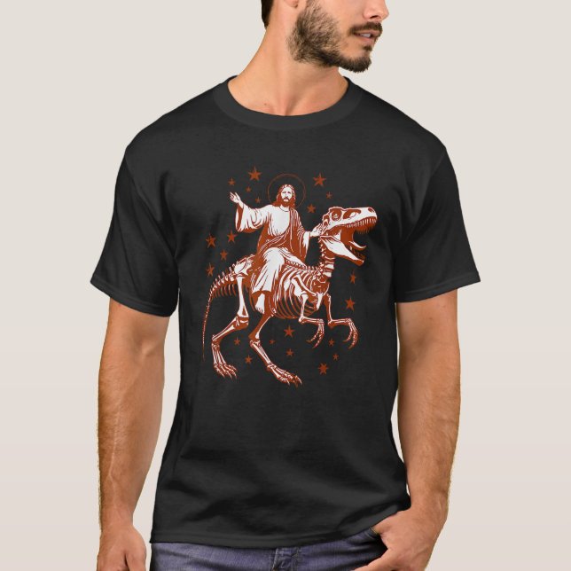 Camiseta Retro Funny Jesus Cavalgando Esqueleto Dinossauro  (Frente)