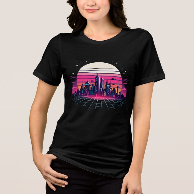 Camiseta Retro Futuristic Cityscape Vaporwave Sunset Neon S (Frente)