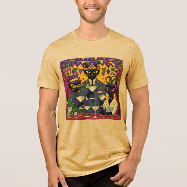 Camiseta Retro Futuristic Mardi Gras Black Cat Martini Club (Frente)