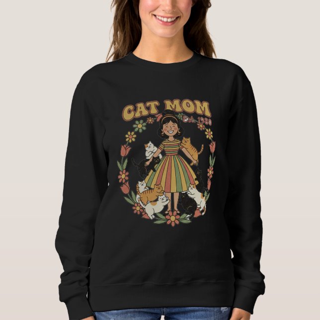 Camiseta Retro Gata Mãe Flor Círculo Design Preto  (Frente)